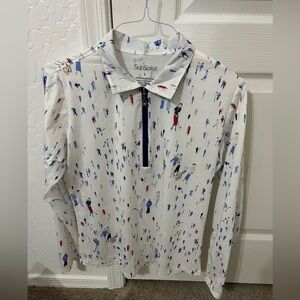 NWOT San Soleil Lady Golfer Pattern Mock Neck Long Sleeve Zip Sunshirt Sz L